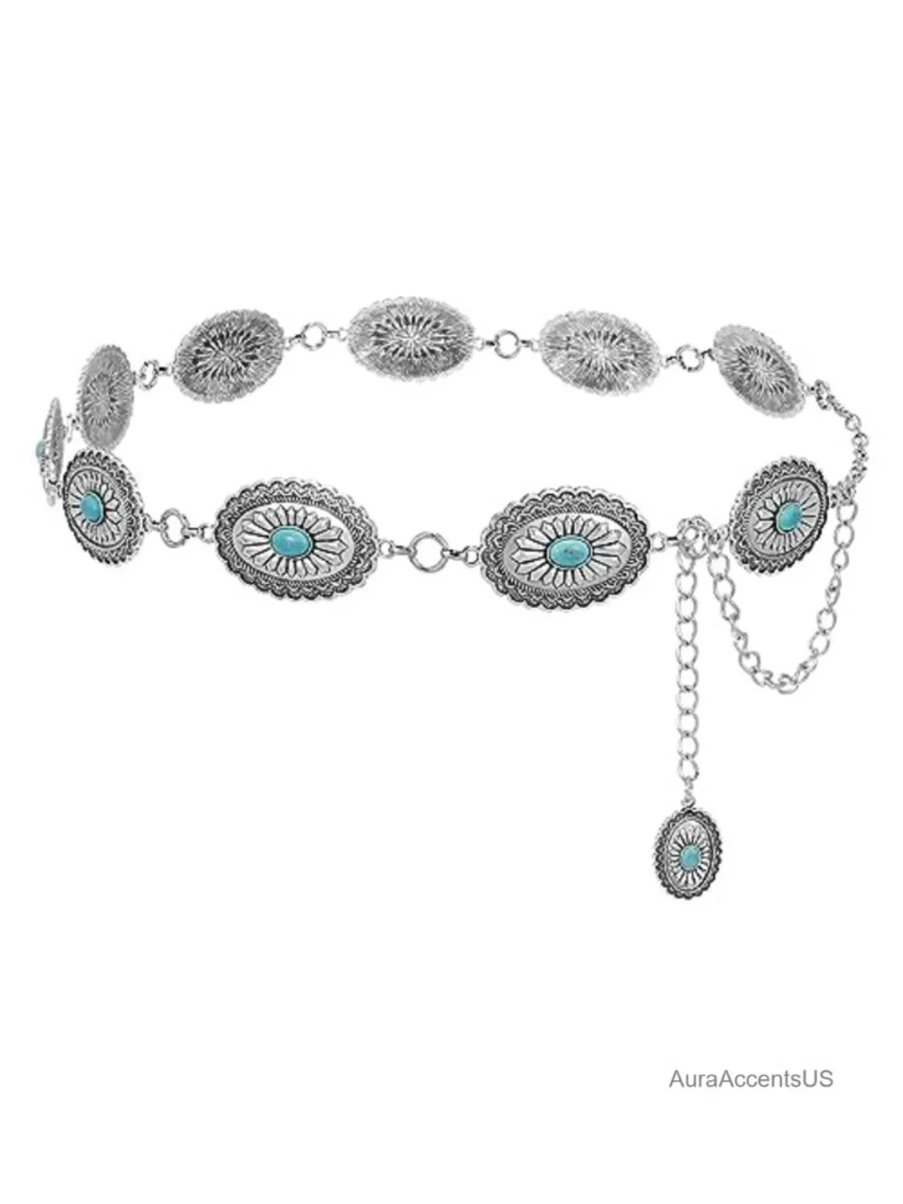 Metal Waist Chain Belt Concho Western Cowgirl Boho Turquoise Belt for Jeans